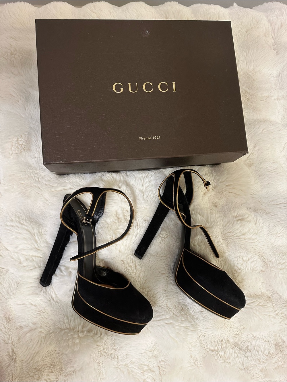Gucci Black Suede Ankle Strap Platform Heels